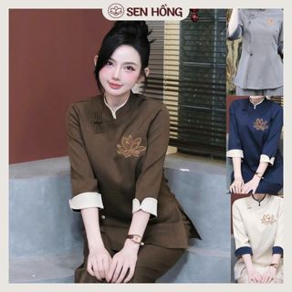 Set Bộ Áo Lam Đi Chùa Thêu Sen - Quần áo Phật tử shop Sen Hồng - Pháp phục loại 1 vải mịn đẹp G51
