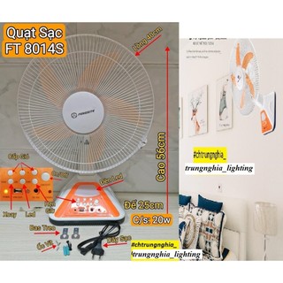 Quạt Tích Điện 5 Cánh 15 inch(40cm) CÓ BAS TREO TƯỜNG CHẠY ÊM 20W - FENGSITE FT8014S - BH 6 tháng