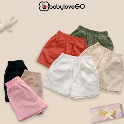Quần short đùi cho bé trai bé gái BabyloveGO cạp chun co giãn, vải Linen mềm mát, an toàn