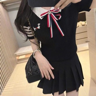 Áo Thun Nữ, Áo Polo Dệt Kim Tay Cộc Cổ Bẻ Mềm Mịn Phối Nơ Sọc Hoạ Tiết Chó Kẻ Thừng Len Mongtoghi Hàng Qccc Orangecloset