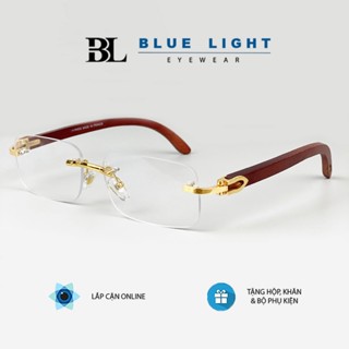 Gọng Kính Cận, Kính Giả Cận Gọng Khoan Cao Cấp Chữ Nhật Nam Nữ, Càng Kính Gỗ, Gọng Vàng, Bạc, Bản Lề Lò Xo - BLUE LIGHT