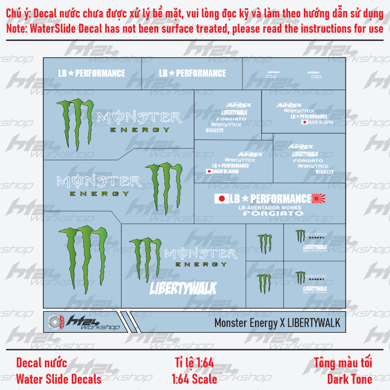 HT24workshop - Decal nước Mon-ster X LBWK cho xe mô hình 1:64 (DARK TONE)