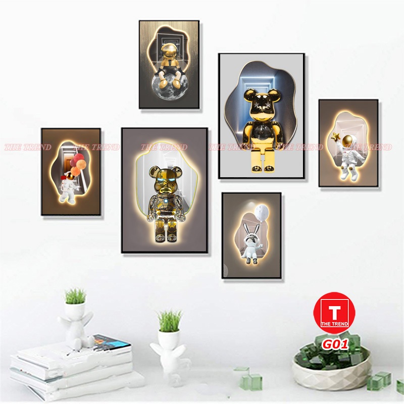 (TRANH GẤU BEARBRICK )Bộ 6 tranh gấu Bearbrick dán tường, tranh dán tường gấu Kaws, gấu Bearbrick