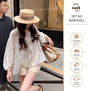  Set áo babydoll ren hoa tay dài kèm quần short kaki nữ tính phong cách Hàn Quốc - Camé byt  ẢNH THẬT SHOP CHỤP  