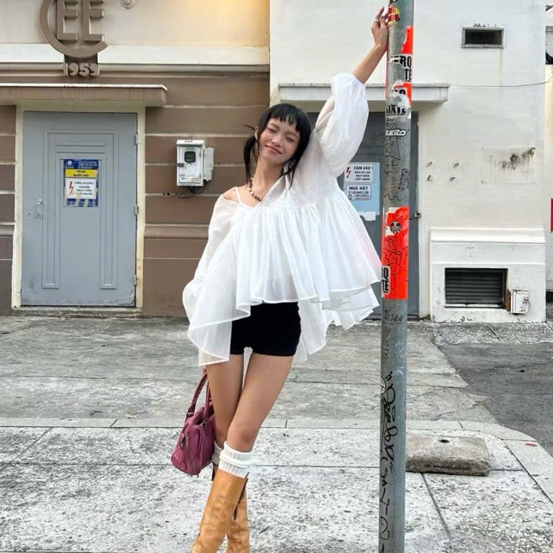 P151- Áo babydoll voan tơ cổ V tay phồng kèm áo ống