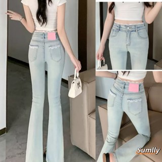  Quần jeans cạp cao cho nữ quần jeans ống loe viền ren quần jeans dài thon gọn thanh lịch cho nữ 
