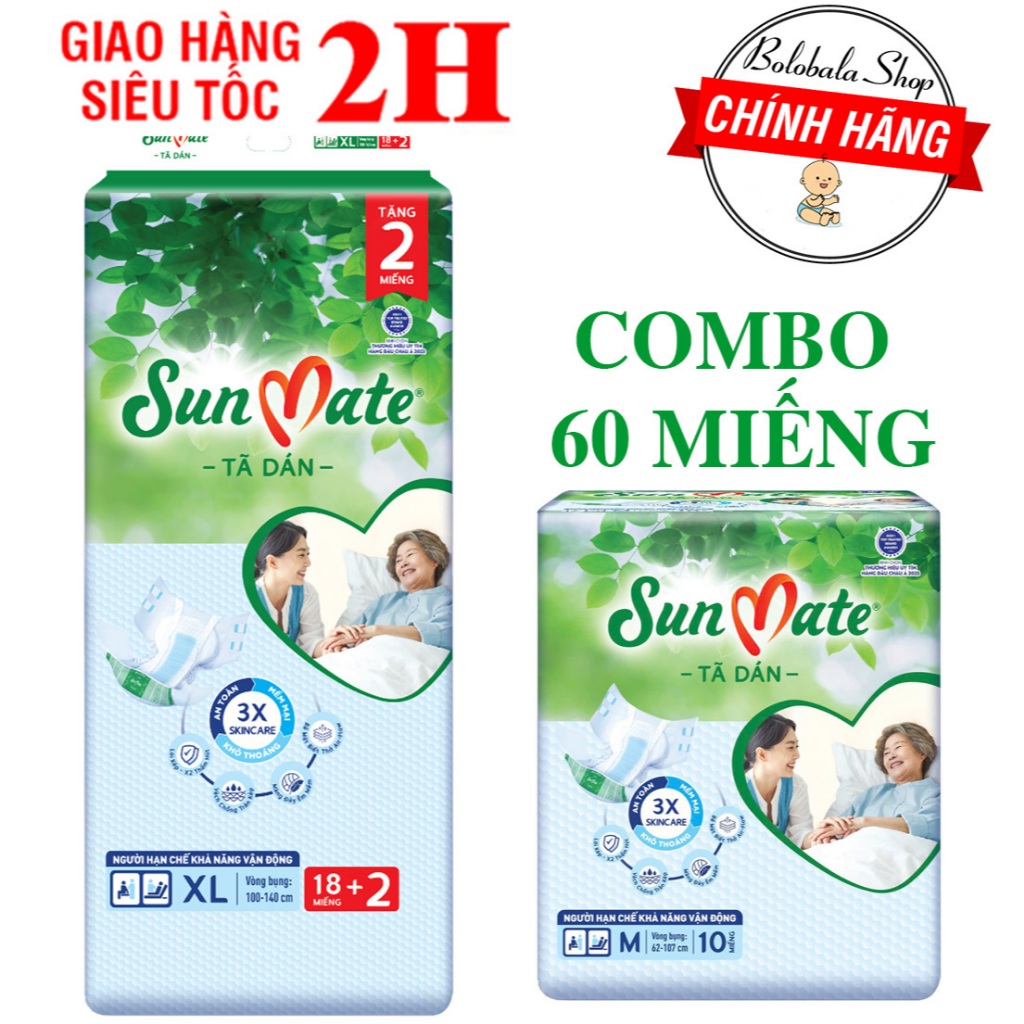 Combo 6 Gói Tã dán người già SUNMATE size M10/L10/XL10 - Combo 3 gói M18+2/L18+2/XL18+2
