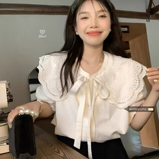  【Ảnh thật Áo sơ mi nữ basic cộc tay bèo to phối dây nơ kiểu dáng nữ sinh thanh lịch Áo sơ mi nữ trắng buộc nơ cổ điển 