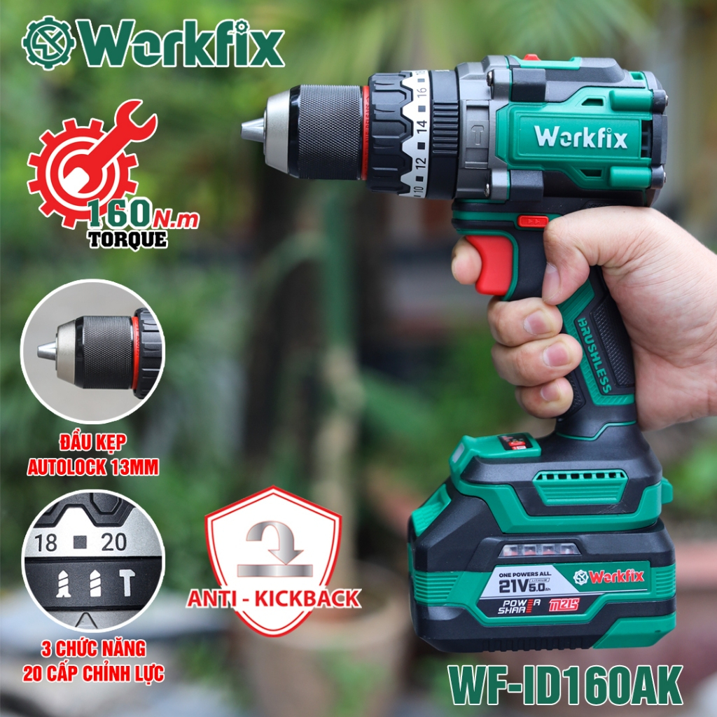 [CHÍNH HÃNG]MÁY KHOAN 13MM WORKFIX-ID160AK LỰC XIẾT 160Nm,đầu kẹp 13mm