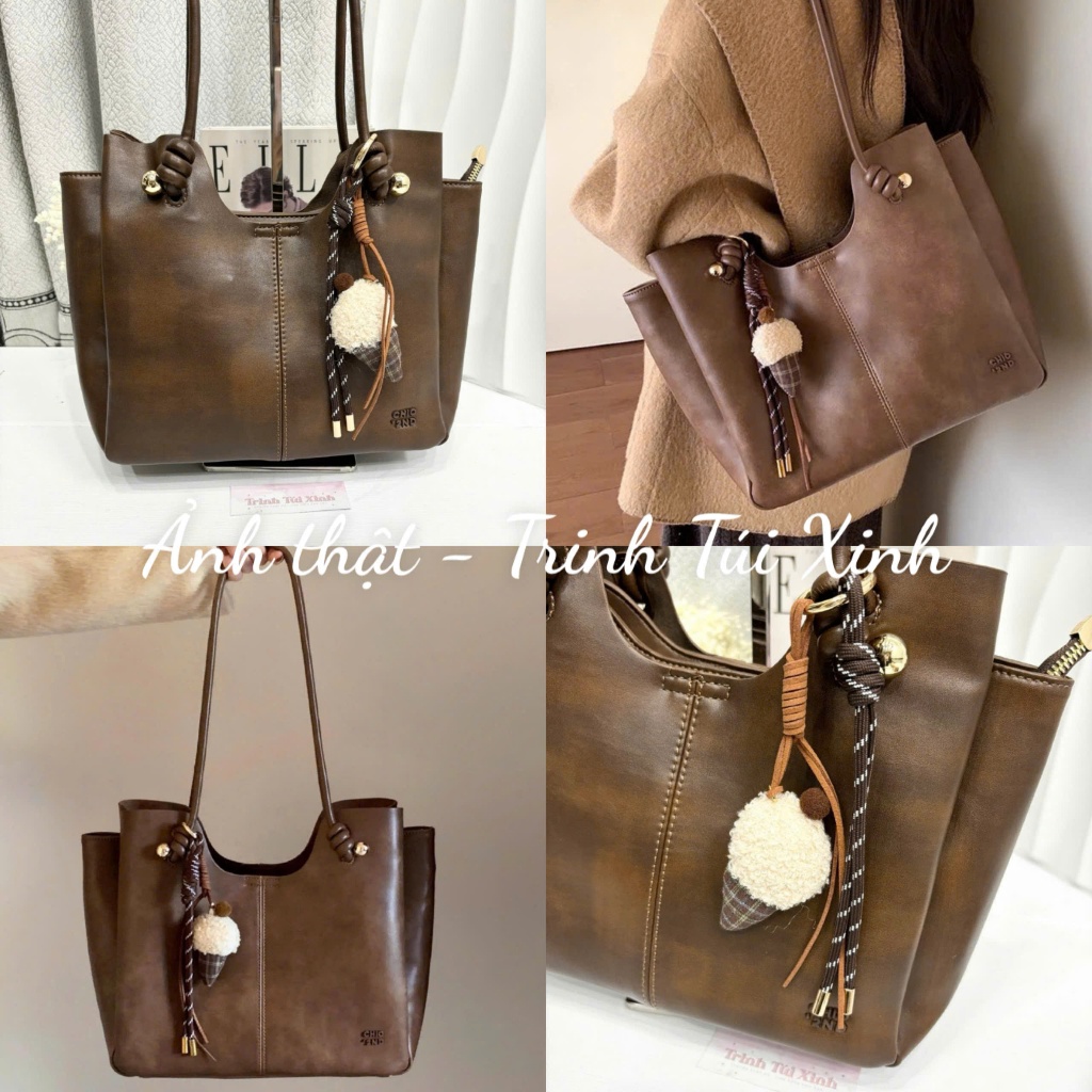Túi Tote Chio2nd Màu Nâu Bò Kèm Charm Kem Size 30 Có Khóa Kéo 3 Ngăn Rộng 010