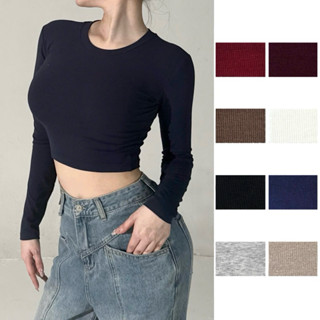 Áo croptop tay dài cổ tròn ANNAKIKI cotton co giãn ôm sát -003