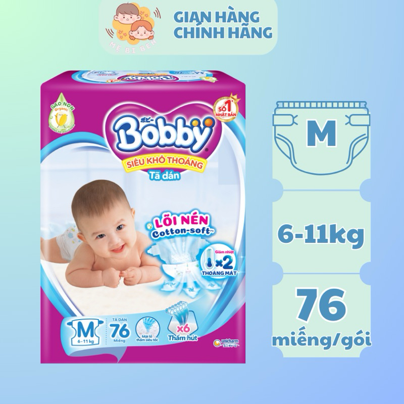 Tã Dán Bobby siêu thấm khô thoáng size M76 miếng cho bé 6-11kg