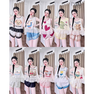 [ Size40-60kg Đồ Ngắn200924 ]Đồ bộ nữ mặc nhà áo sát nách quần ngắn hoạ tiết dễ thương chất lụa latin cao cấp