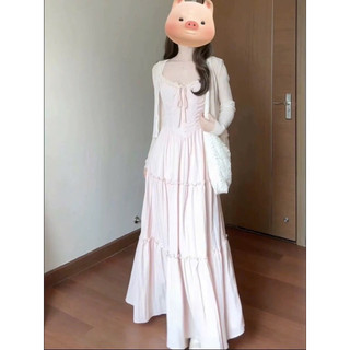 SET ĐẦM MIDI HỒNG VIỀN REN BÈO 2S THẮT NƠ KÈM KHOÁC CROP TRẮNG