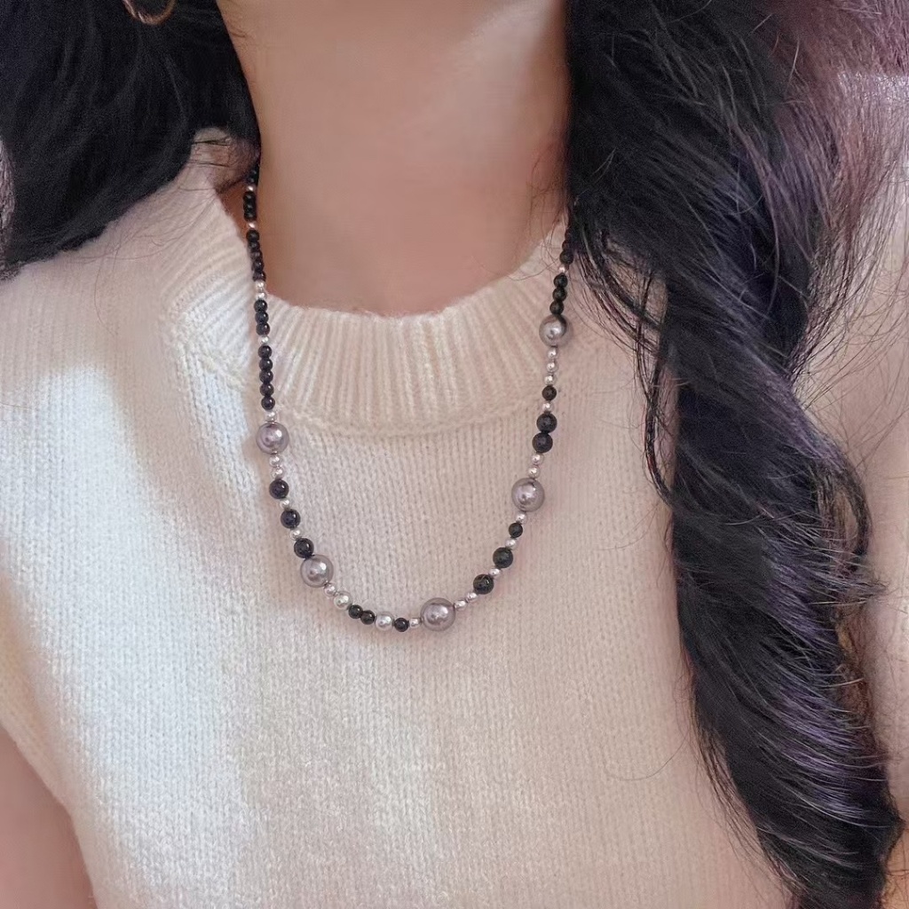 Vòng cổ chuỗi hạt đen phối xám D48