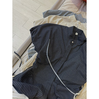  Áo sơ mi kẻ CỔ TÀU tay bồng nhún eo áo sơ mi nữ cộc tay buộc eo sau Samhyewear Thời Trang Nữ 