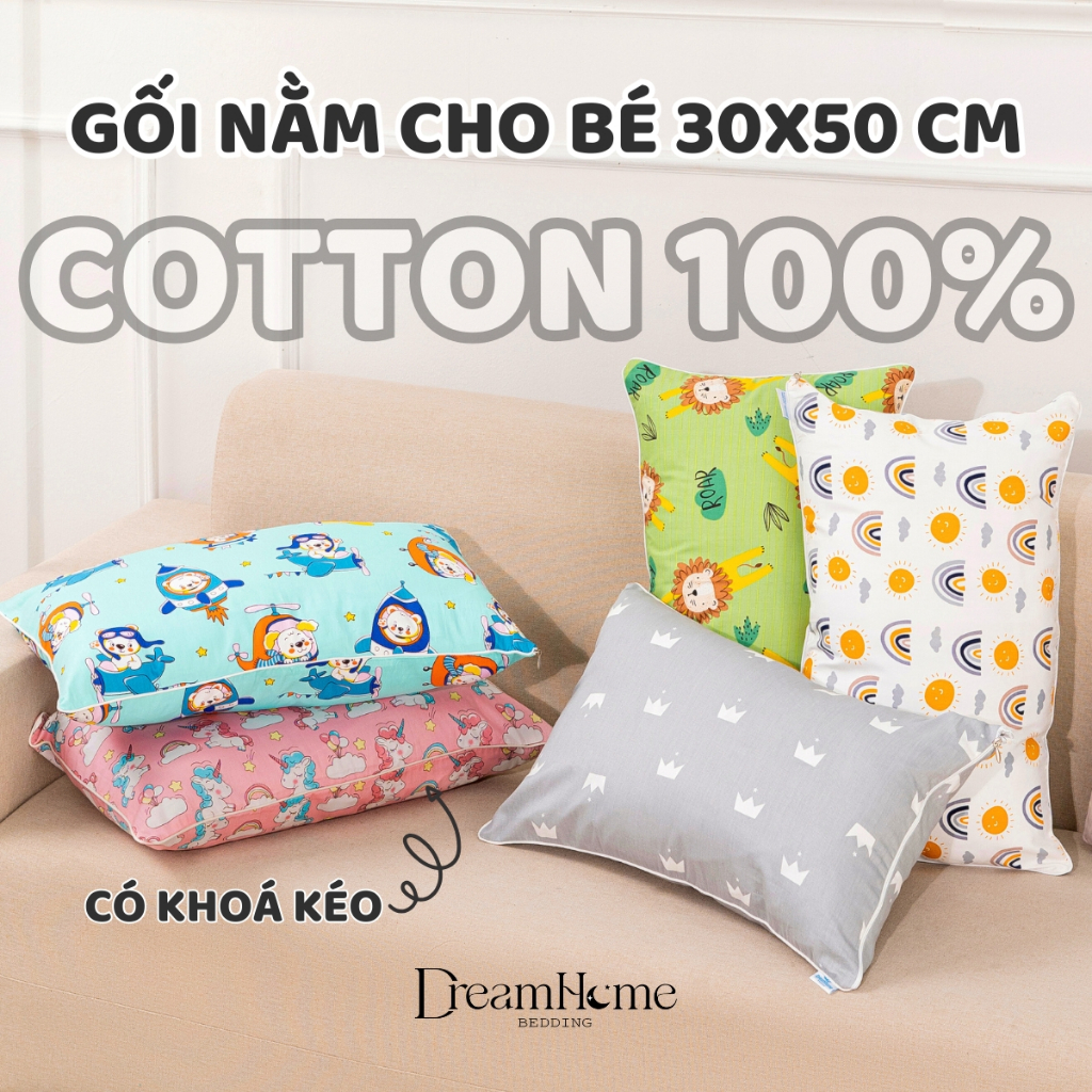 Gối Trẻ Em Đi Học Mầm Non 1 Đến 6 Tuổi, Vỏ Gối Cho Bé 30x50 cotton 100% Có Khóa Kéo Dreamhomebedding
