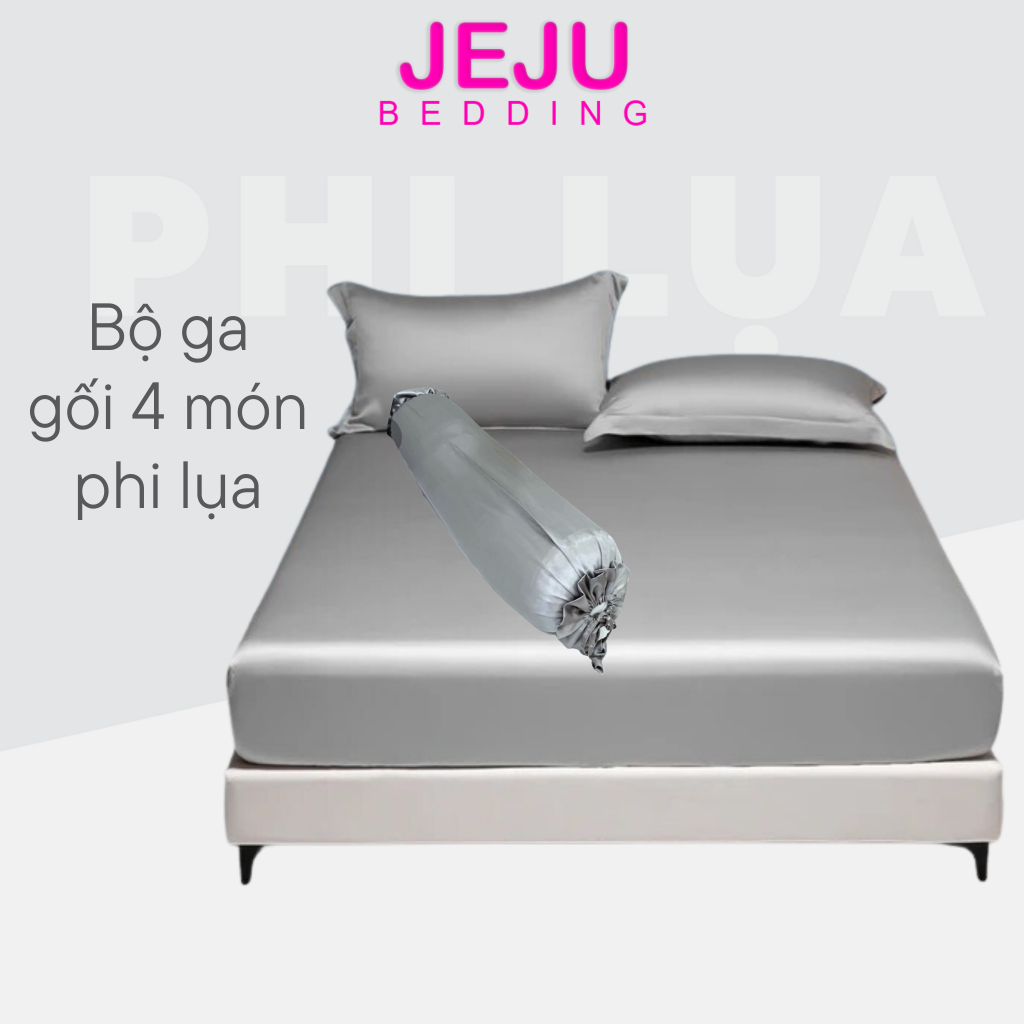 Bộ ga gối 4 món JejuBedding chất liệu phi lụa nhiều màu, ga bo chun mát mịn