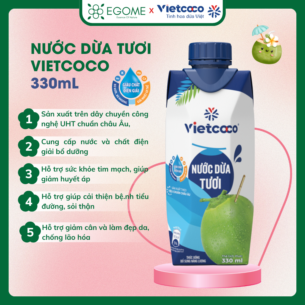 Nước Dừa Tươi UHT Vietcoco ngon ngọt cung cấp nước và chất điện giải bổ dưỡng 330ml