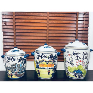 Chum đựng gạo bằng sứ, hũ gạo tài lộc, chum đựng gạo phong thuỷ gốm sứ Bát Tràng-Hũ gạo vẽ tay gốm Bát Tràng cao cấp
