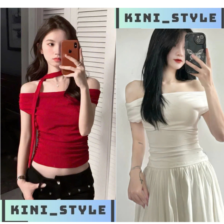 Áo kiểu nữ - áo trễ vai tay ngắn kèm dây nơ chất liệu thun tăm nhuyễn co giẵn kini-style ATV-01.