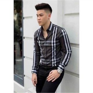 Áo sơ mi nam xám kẻ trắng tay dài caro vải cotton thoáng mát mềm mịn cao cấp Menswear Shirt