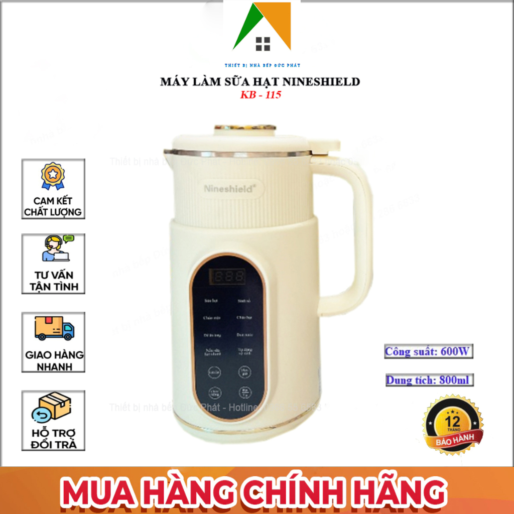 Máy làm sữa hạt Nineshield KB-115 máy xay nấu đa năng dung tích 800ml bảng điểu khiển Tiếng Việt