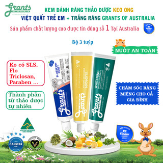  Kem đánh răng trẻ em - người lớn thảo dược hữu cơ Grants - 3 hộp keo ong việt quất trắng răng 