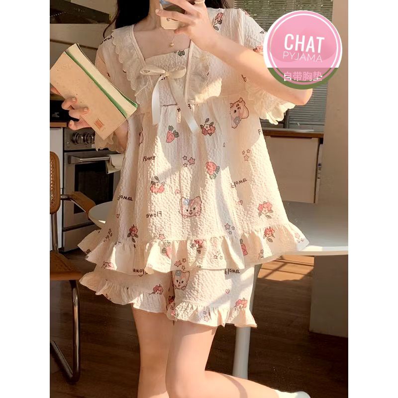 Mã 20 Sét bộ đùi pyjama gân ren nơ phối bèo Hình Zen 1  CHAT199