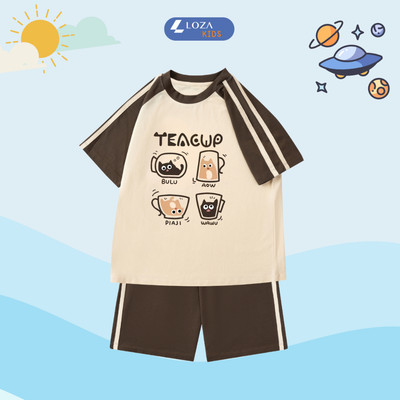 Đồ bộ bé gái, bé trai màu be phối nâu nhiều hình - Quần áo cho bé chất liệu thun cotton - Loza Kids BF001