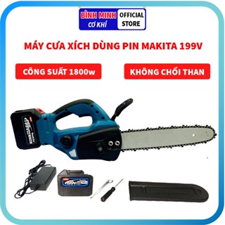 Máy cưa xích dùng pin MAKITA 199v KHÔNG CHỔI THAN, máy cưa xích cầm tay, công suất 1800W,pin 15 cell