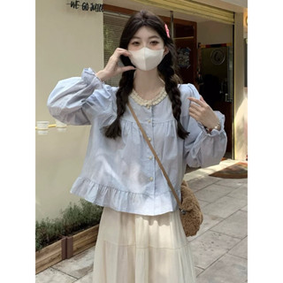  Áo Sơ Mi Kiểu Nữ Cổ Tròn Phối Ren Tay Dài Đính Cúc Ngọc Phong Cách Tiểu Thư Momome 