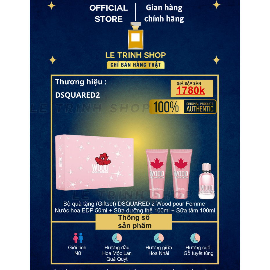 DSQUARED2 + Bộ quà tặng DSQUARED 2 Wood pour Femme Nước hoa EDP 50ml + Sữa dưỡng thể 100ml + Sữa tắm