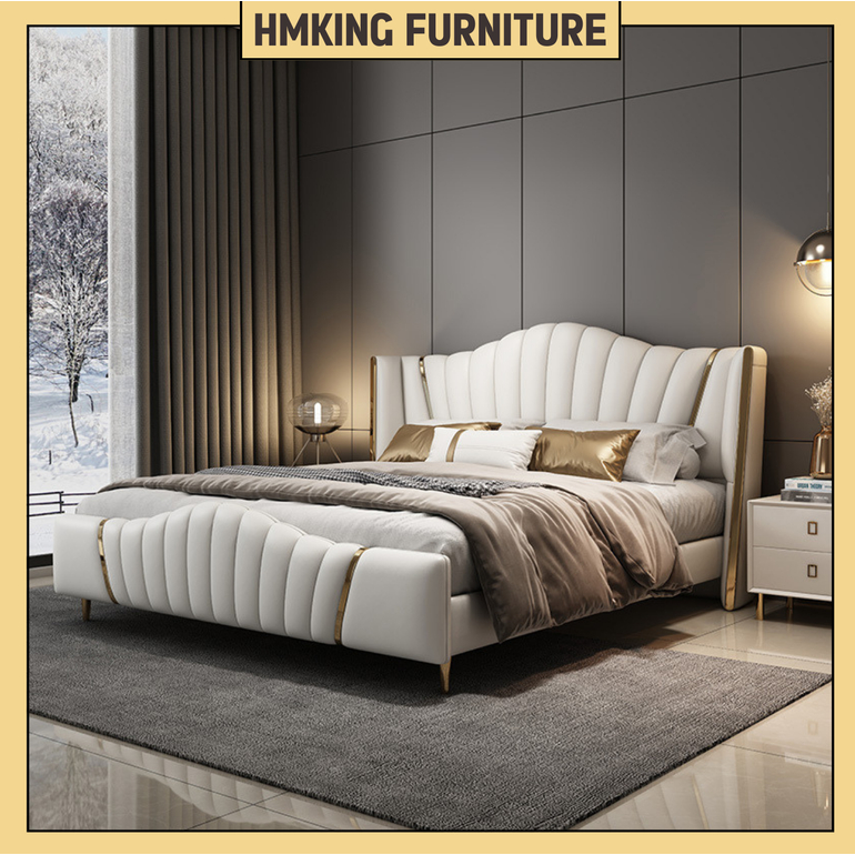 Giường ngủ HMKing Furniture kiểu dáng phổ thông bọc da sang trọng kích thước 1m8x2m 1m6x2m.