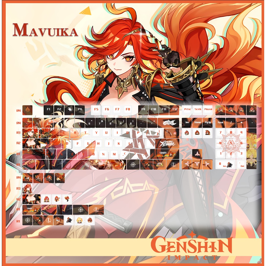 Keycap Genshin Impact Mavuika thick PBT xuyên led in dyesub 5 mặt 135 phím anime layout keycaps Honk