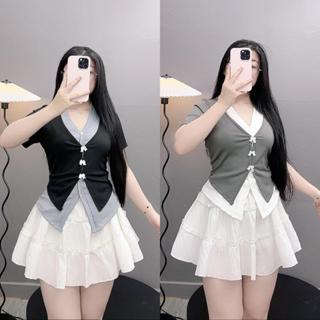 Set bộ Bigsize Nữ áo kiểu tay ngắn cổ tim phối viền gắn nơ mix chân váy bèo có quần bảo hộ - SET977