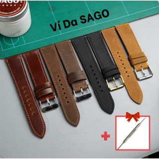 Dây đồng hồ da bò sáp màu nâu kiểu dáng cổ điển đơn giản thương hiệu ví da SAGO - SAP01