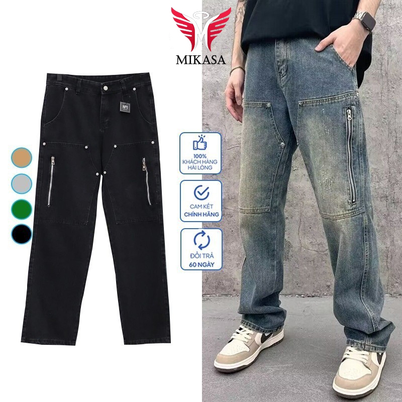 Quần Bò Jean Nam Ống Suông Rộng Phối Khóa Kép LUCY MALL - Quần dài baggy ống rộng nam Retro Vintage