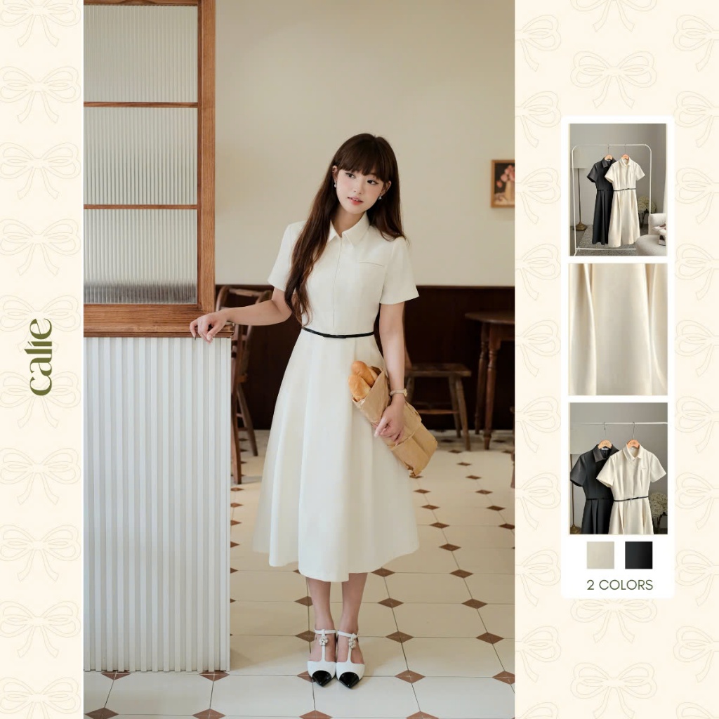 Váy dáng xòe cổ đức đai nơ eo, chất liệu cao cấp thời trang thiết kế Calie vx237 | BigBuy360 - bigbuy360.vn