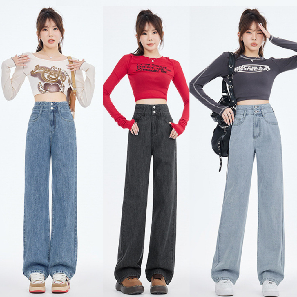 Quần JEAN nữ ống Suông CẠP CAP chất jean CO GIÃN 2 CÚC không phai quần bò nữ ống rộng LƯNG CAO MIAA MÀU xanh đậm bigsize