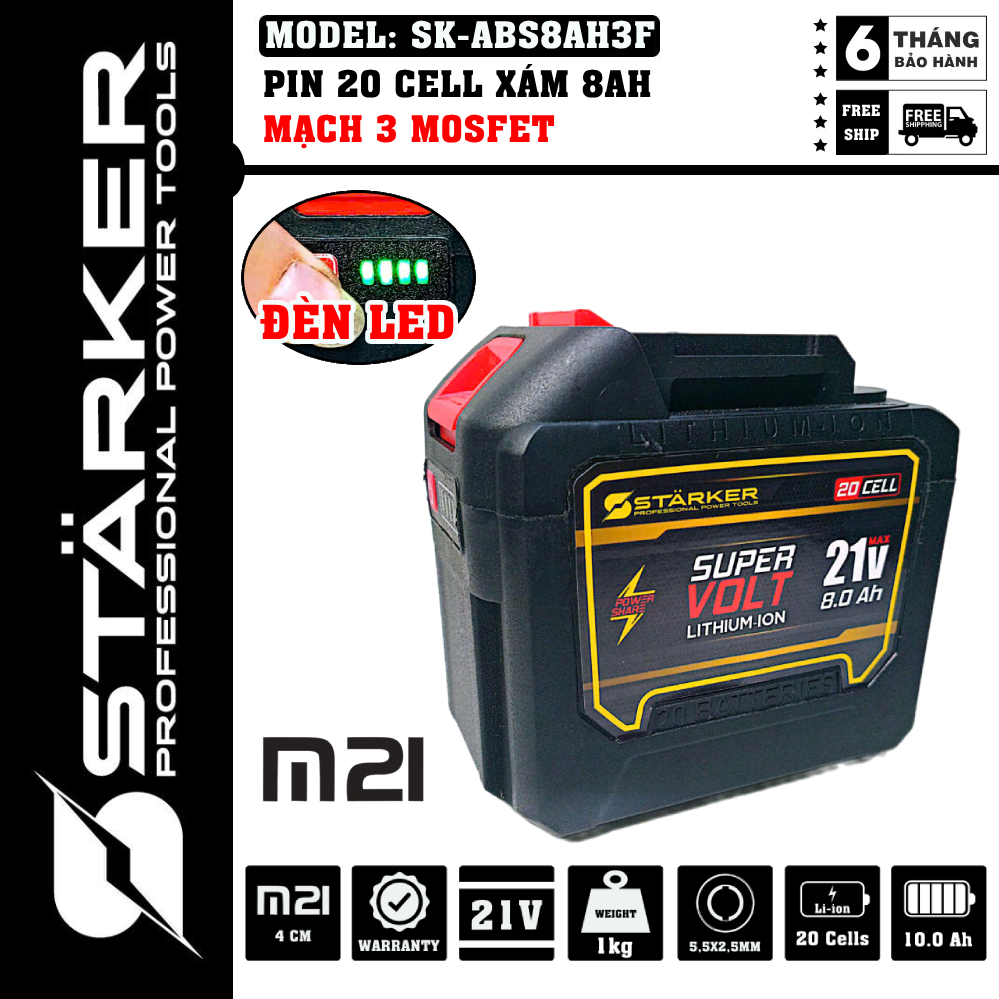 Pin 20 cell Starker xanh 3 mosfet 8ah, 5s4p 21v, chân phổ thông m21 4cm, dung lượng cao có đèn led