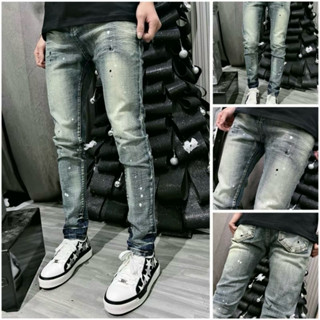 Quần jean purple xanh wash màu vàng rêu,quần bò purple chấm sơn 4 cúc không rách basic