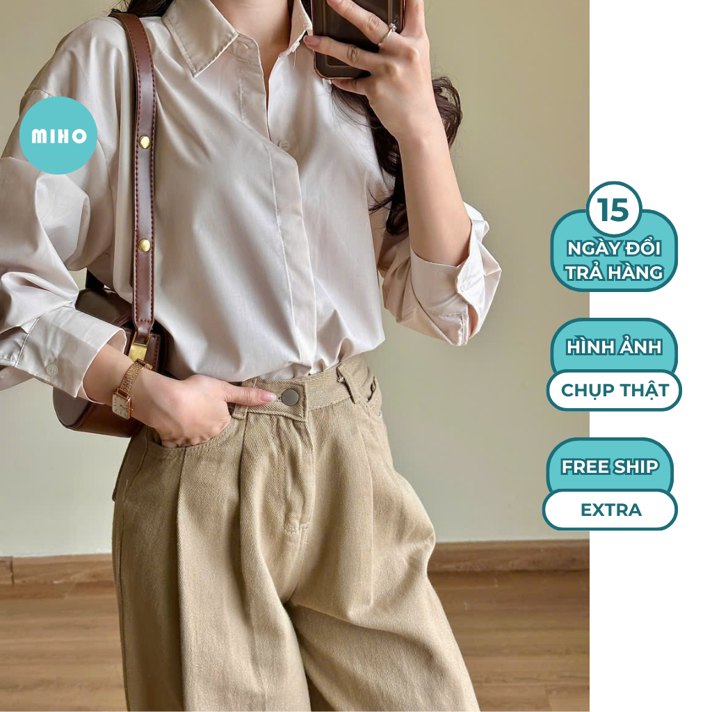 Áo Sơ Mi Thô Dài Tay, Áo Sơmi Trơn Giấu Cúc, Áo Sơ Mi Nữ Kiểu Form Dáng Rộng Miho House