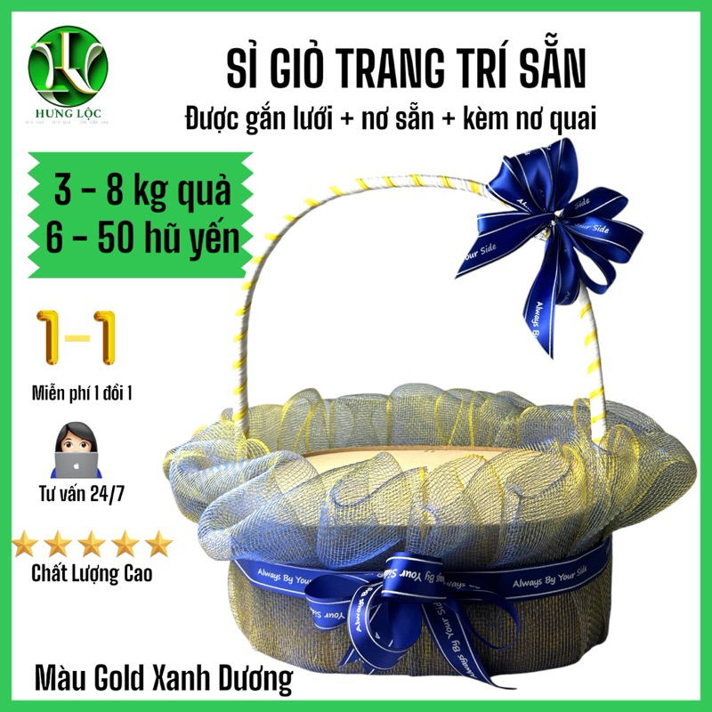 Giỏ trái cây, giỏ yến sào trang trí gắn lưới sẵn, có gắn nơ và nơ quai nhiều màu gói quà tặng biếu.