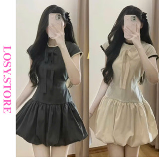 Váy Dáng Bí Phồng Đính Nơ Phối Ren Dáng Ngắn Dây Buộc Eo Kèm Quần Bảo Hộ Rời , Đầm Dáng Bí LOSY.STORE