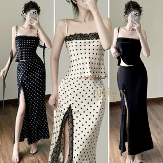   MAISEY 2368  SET ÁO 2 DÂY LỤA CHẤM BI VIỀN REN PHỐI CHÂN VÁY XẺ TÀ SANG TRỌNG 