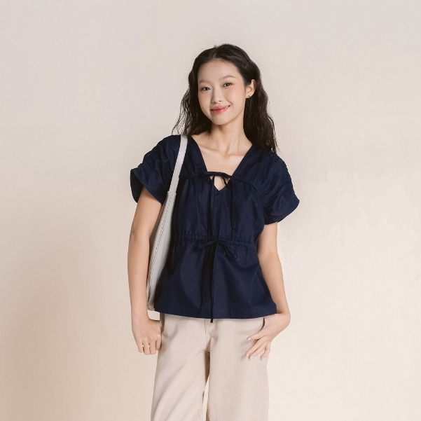 Áo Kiểu Nữ Cổ V Mix Dây Rút Nhún Dáng Suông Đi Học Đi Làm  - KA517 Kimee House