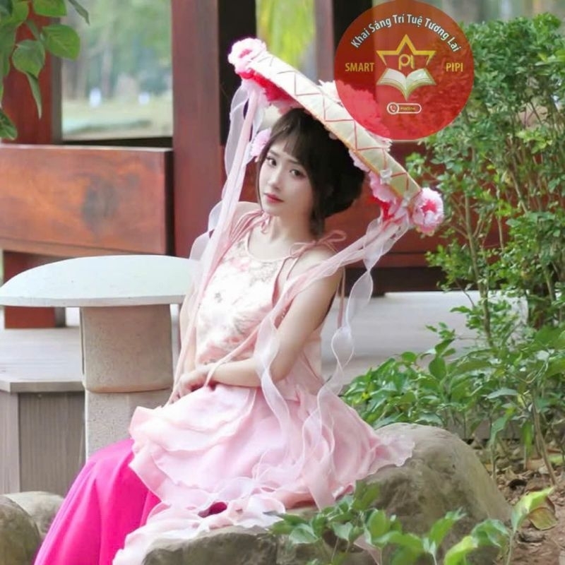 Nón quai thao gắn hoa lụa cao cấp, Nón quai thao biểu diễn chụp ảnh, nón quai thao trang trí Tết, nó