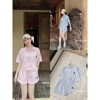  Set bộ đùi sọc nhí thời trang năng động cá tính áo tay cộc cổ sơ mi quần ống rộng lưng chung cột dây 