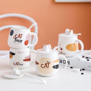  Cốc sứ có nắp đậy hình mèo CatTour dễ thương 400ml ly sứ uống nước phù hợp quà tặng decor 